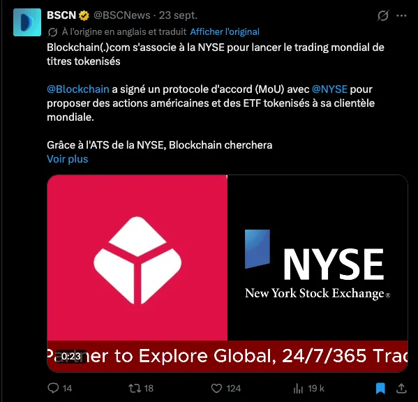 Blockchain.com s'associe à la Bourse de New York pour les titres tokenisés, septembre 2026