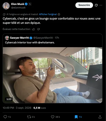 Elon Musk présente l'intérieur du Cybercab, « un lounge super confortable sur roues »