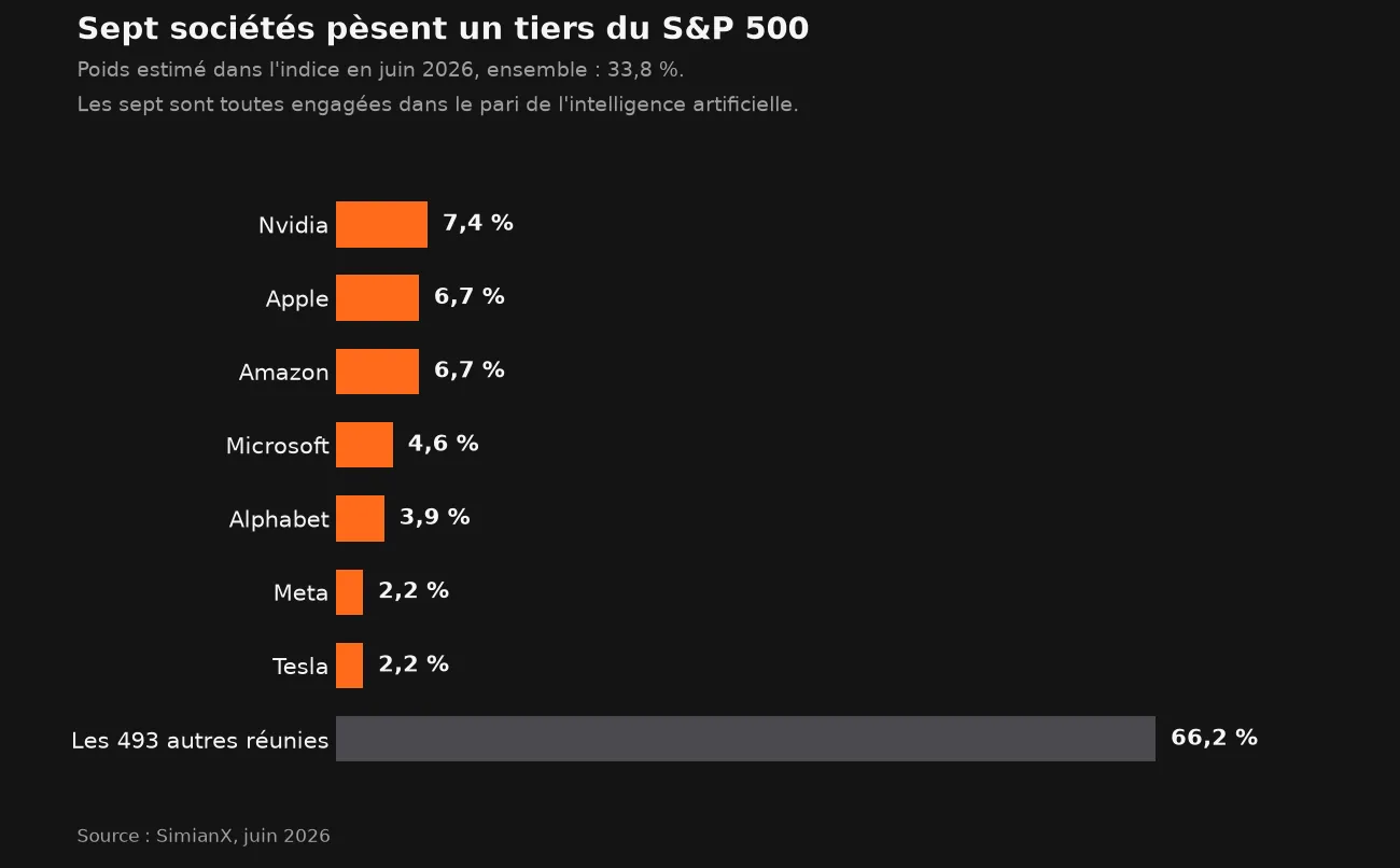 Le poids des sept premières capitalisations dans le S&P 500 en juin 2026 : Nvidia 7,4 %, Apple 6,7 %, Amazon 6,7 %, Microsoft 4,6 %, Alphabet 3,9 %, Meta 2,2 %, Tesla 2,2 %, soit un tiers de l'indice, contre 66,2 % pour les 493 autres